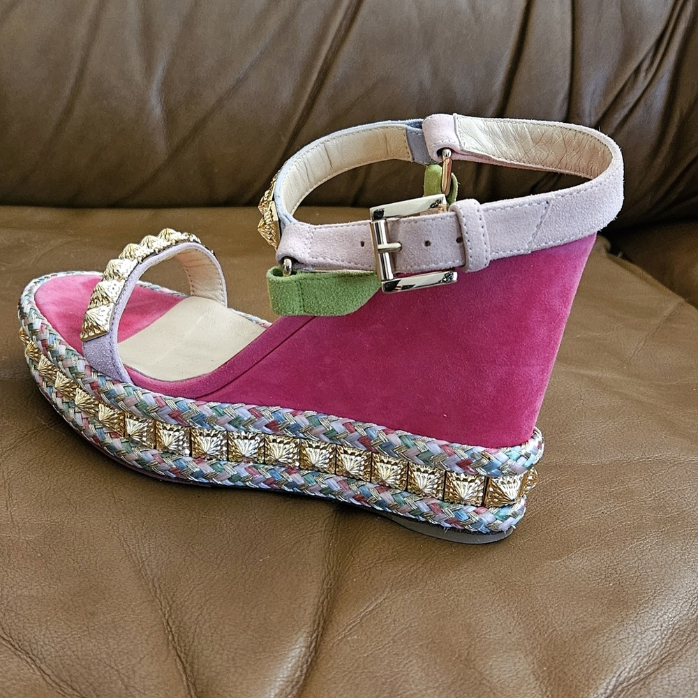 Christian Louboutin Pyraclou Suede Multicolor Gold Accent Wedges Sz 4 US - Picture 7 of 15